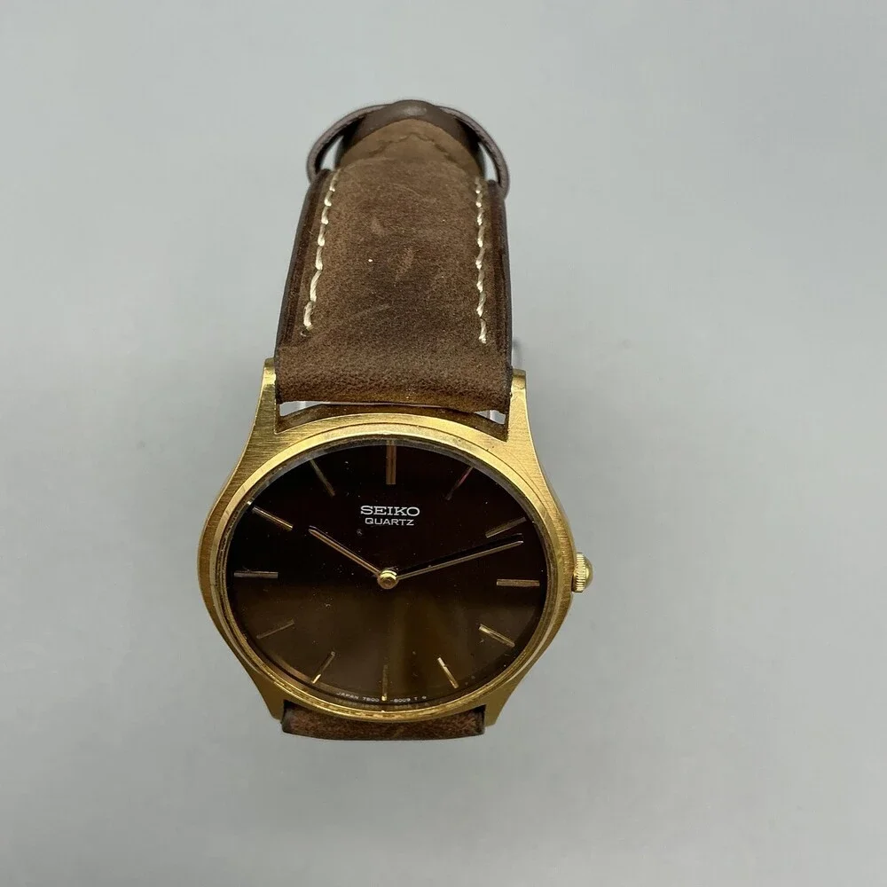 Vintage Seiko Quartz 7430-8009 Mens Watch 31mm Brown Dial Leather New Battery